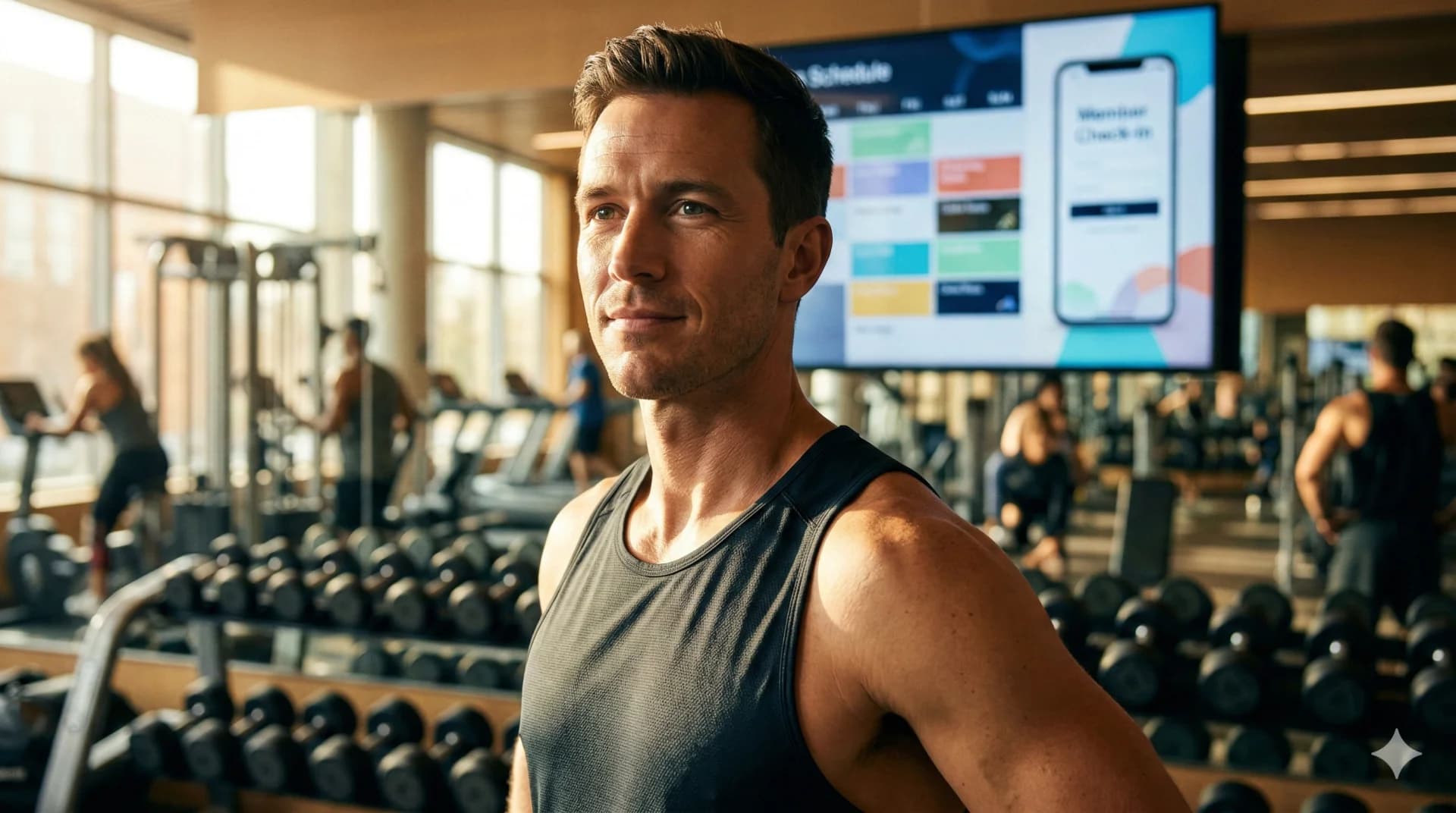 Fitness studio with digital class schedule and check-in app on smartphone