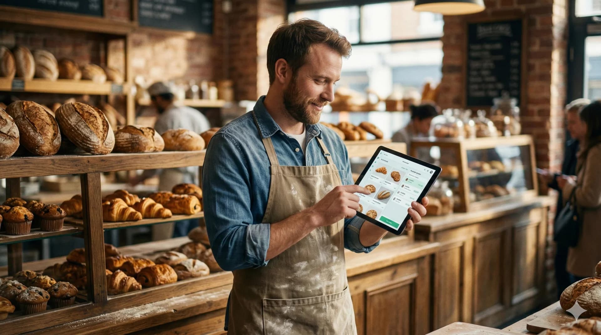 Bäcker mit digitalem Vorbestellsystem für Brötchen und Kuchen