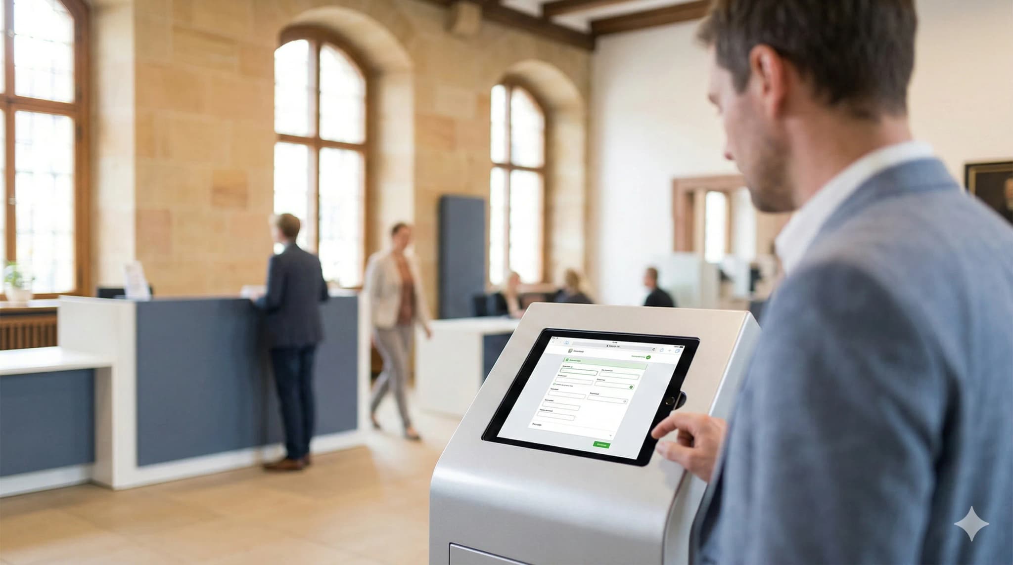 Modernes Rathaus mit digitalem Self-Service-Terminal für Bürger