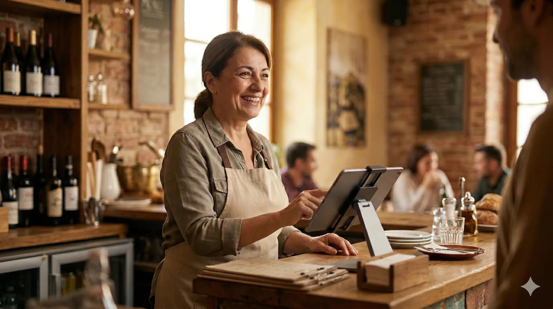 Restaurant owner with their own digital ordering system on screen