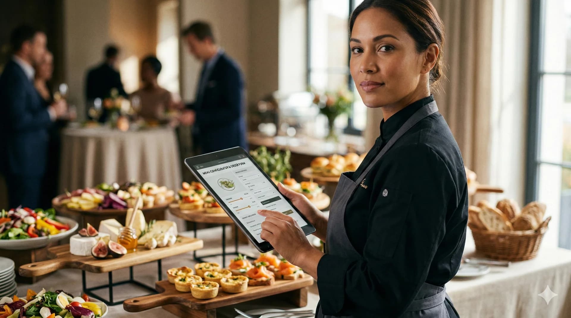 Catering-Koch mit digitalem Menü-Konfigurator auf dem Bildschirm