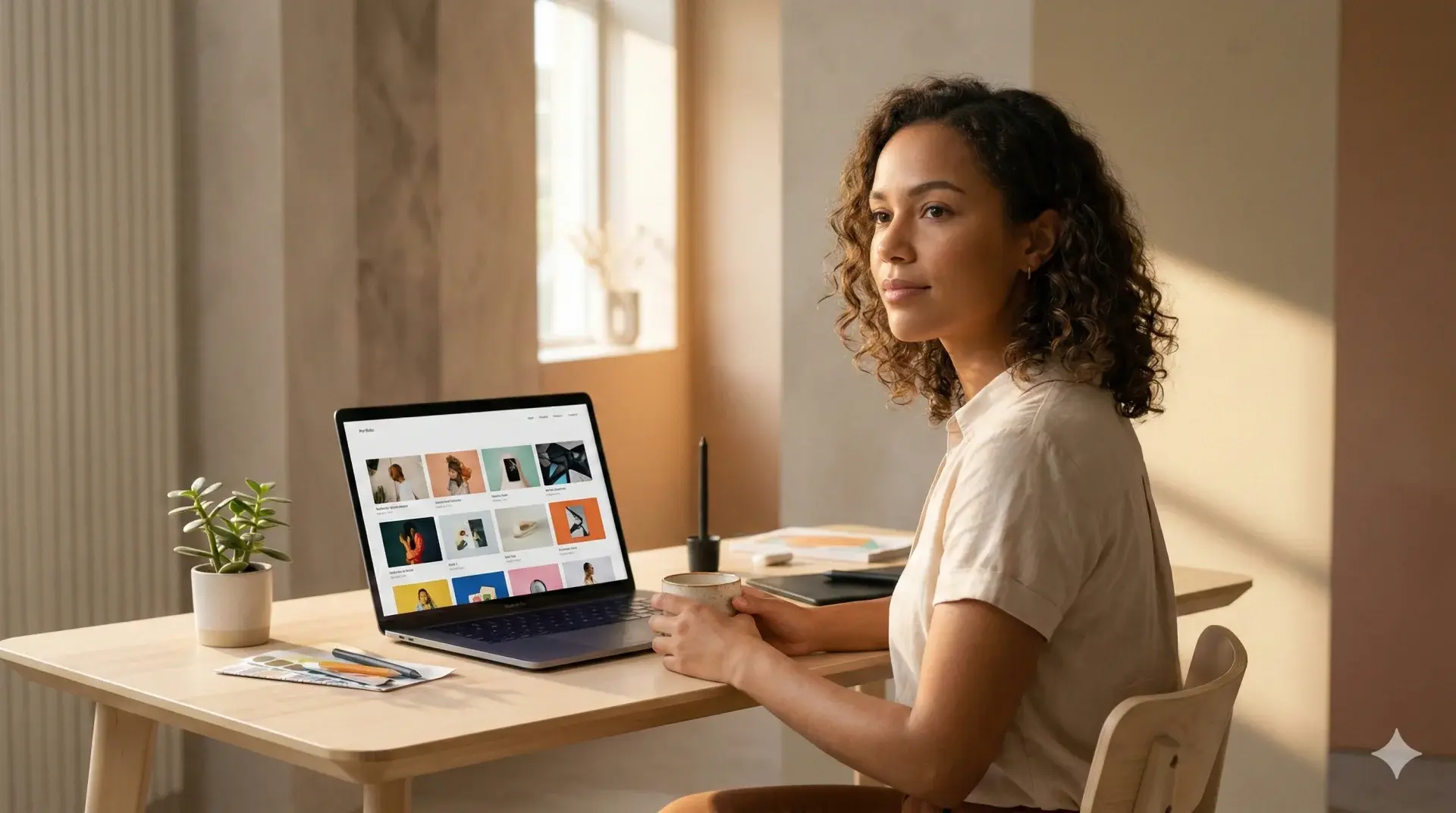 Freelancer at a desk with a professional portfolio website on the monitor