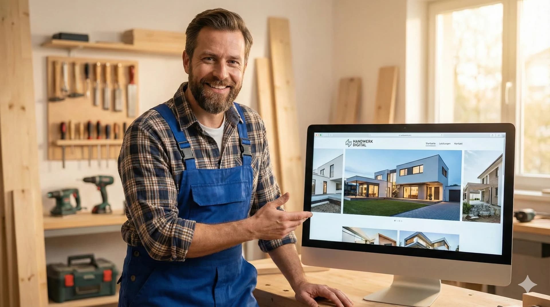 Tradesperson with a professional website on a laptop – built with Nopex