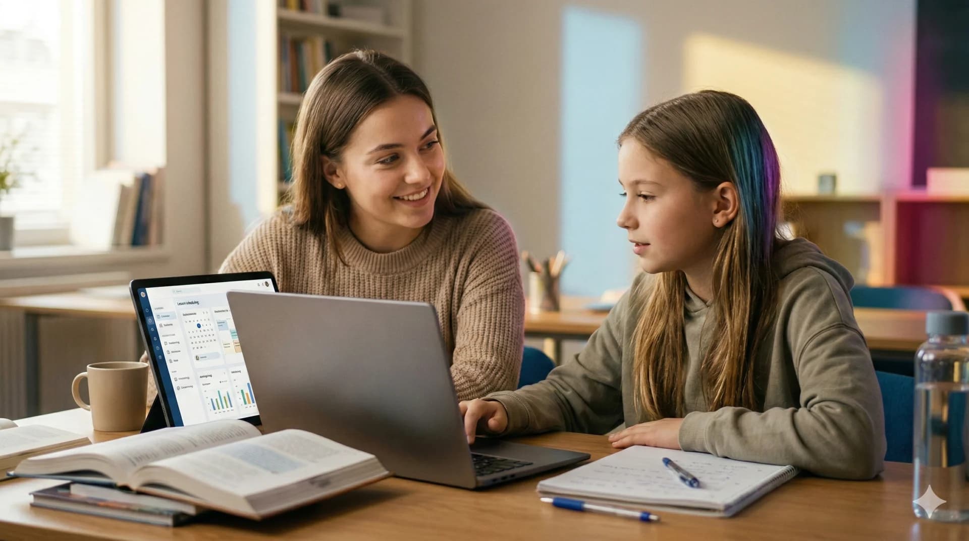 Nachhilfelehrer mit Schüler vor digitaler Lernplattform