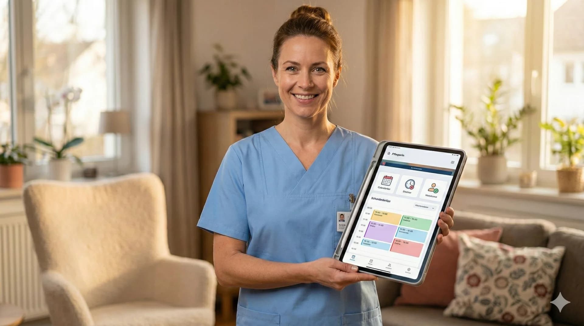 Care worker using a digital route and documentation app on a tablet