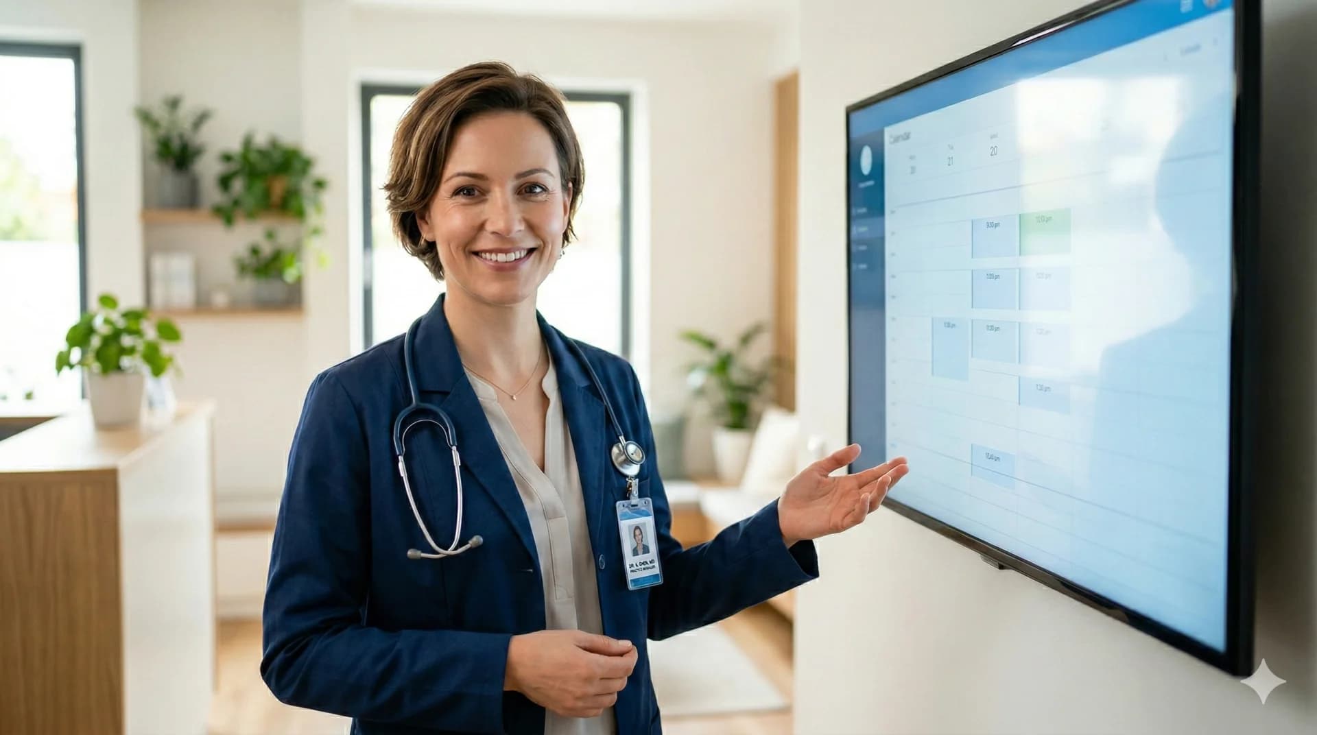 Medical practice with a digital appointment booking system on the reception screen