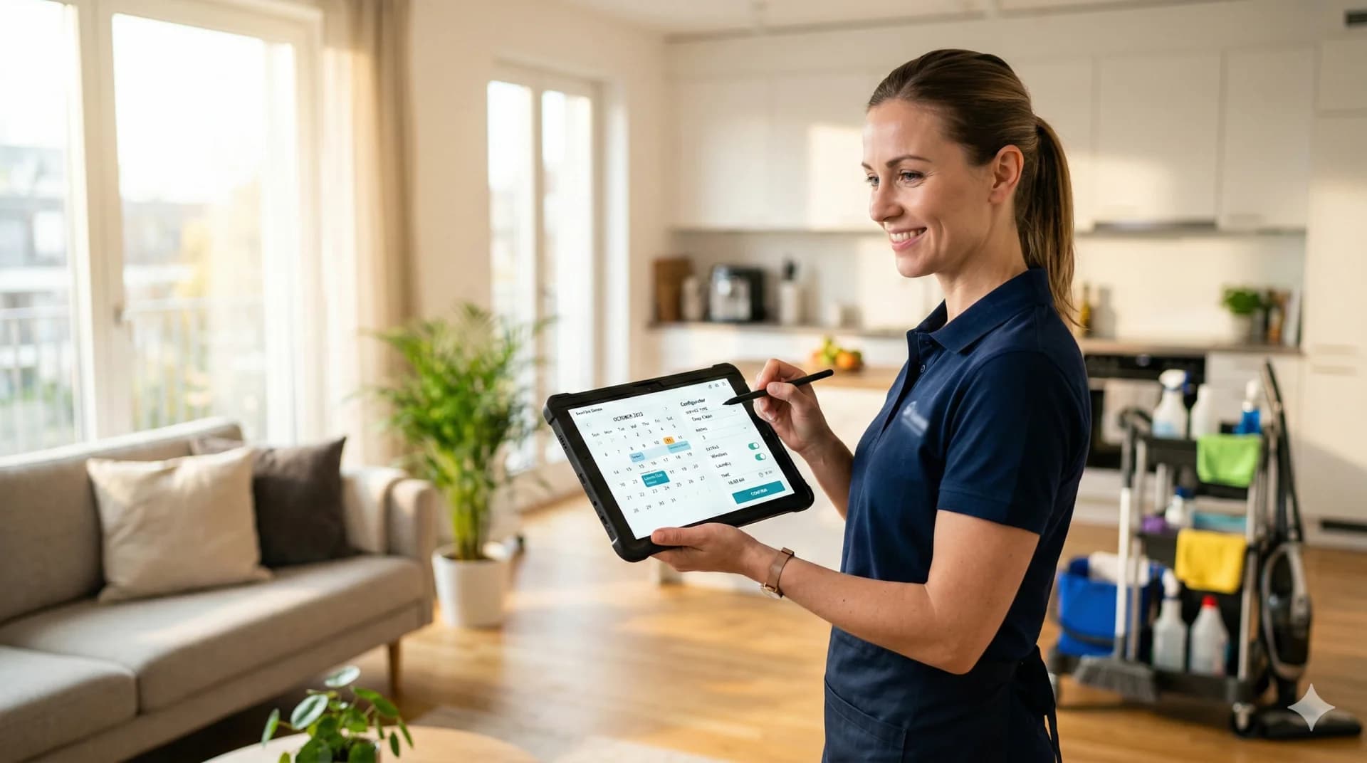 Reinigungsunternehmer mit digitaler Buchungs-App auf dem Smartphone