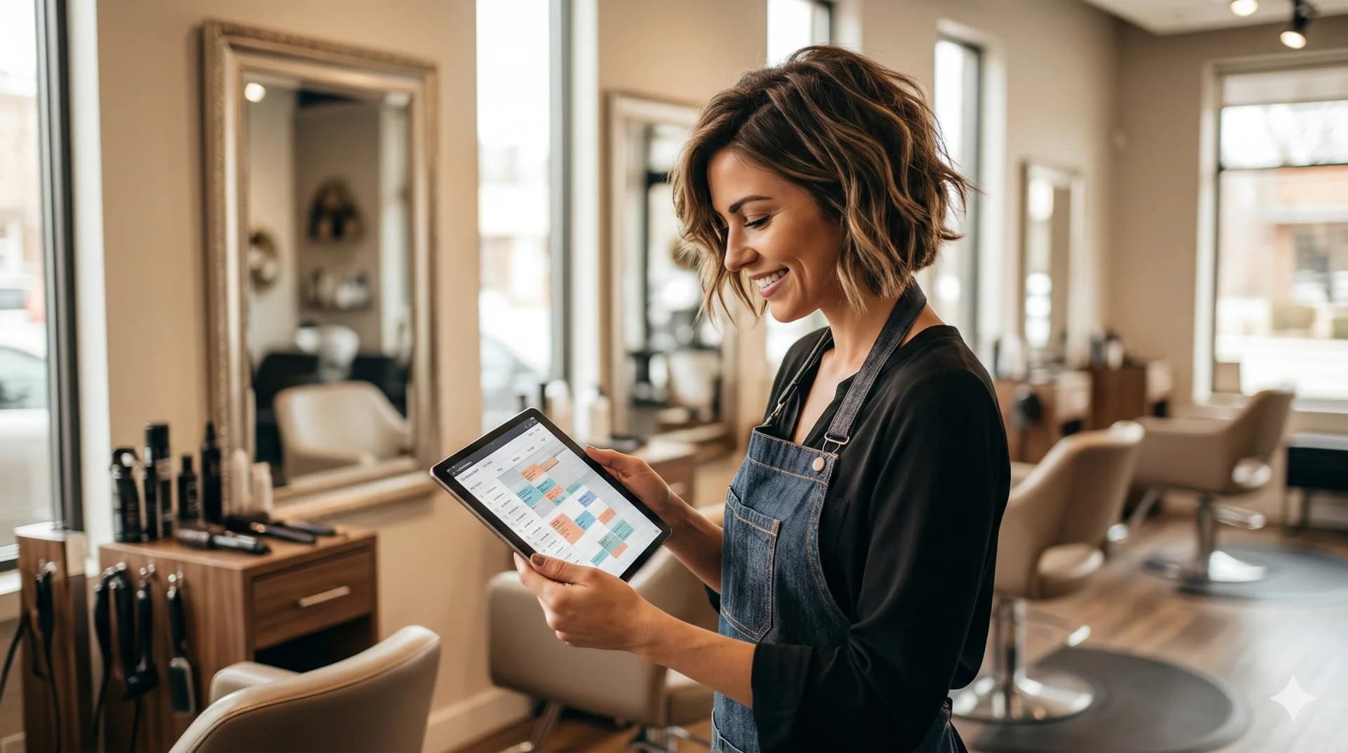 Friseurin im Salon mit digitalem Terminbuchungssystem am Empfang