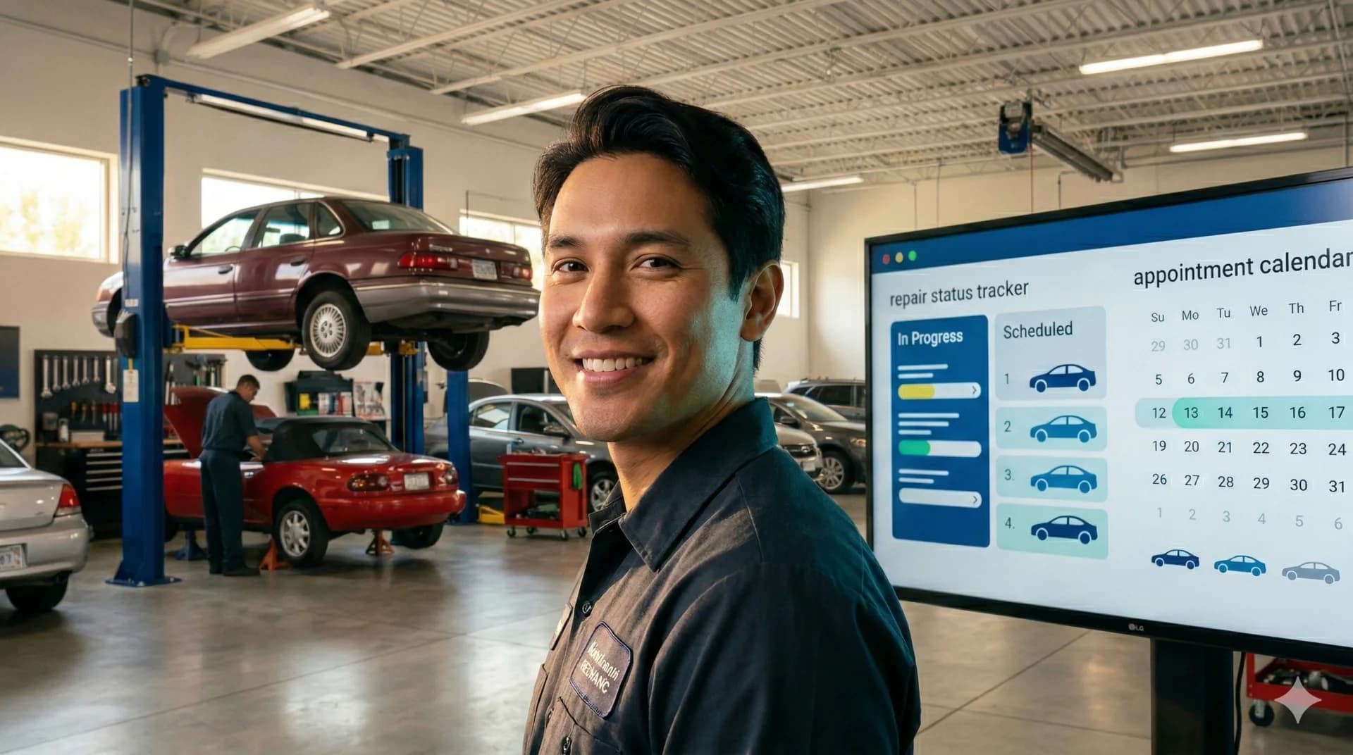 Auto mechanic with digital repair shop portal for orders and appointment booking