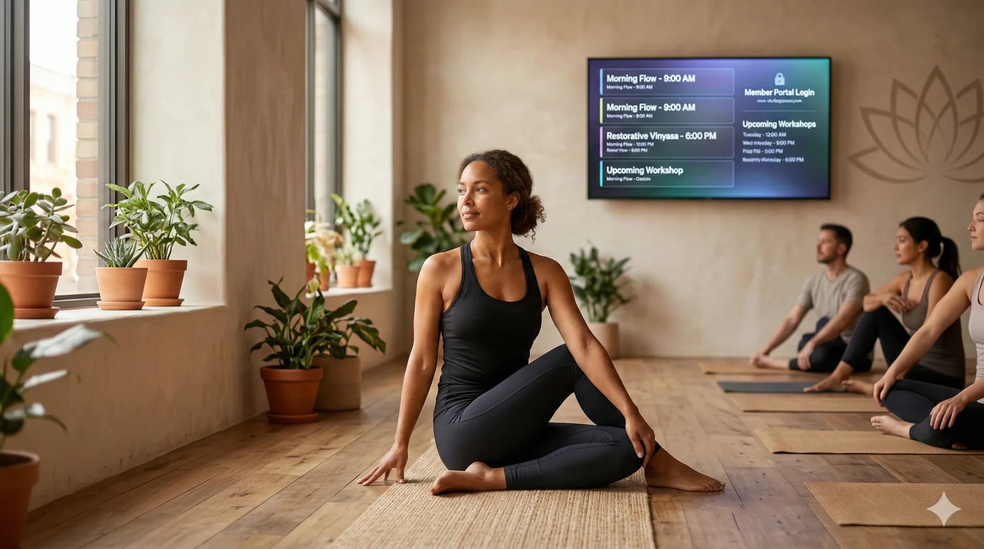 Yoga-Lehrerin im Studio mit digitaler Kursplan- und Buchungs-App